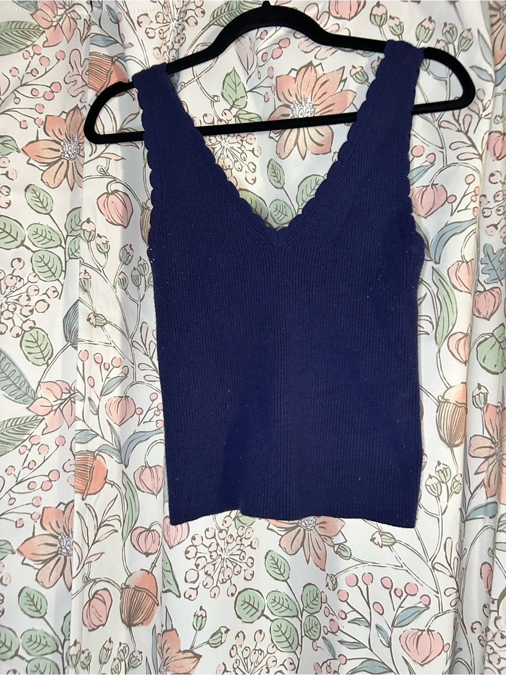 aerie Navy Scalloped V-Neck Ribbed Tank